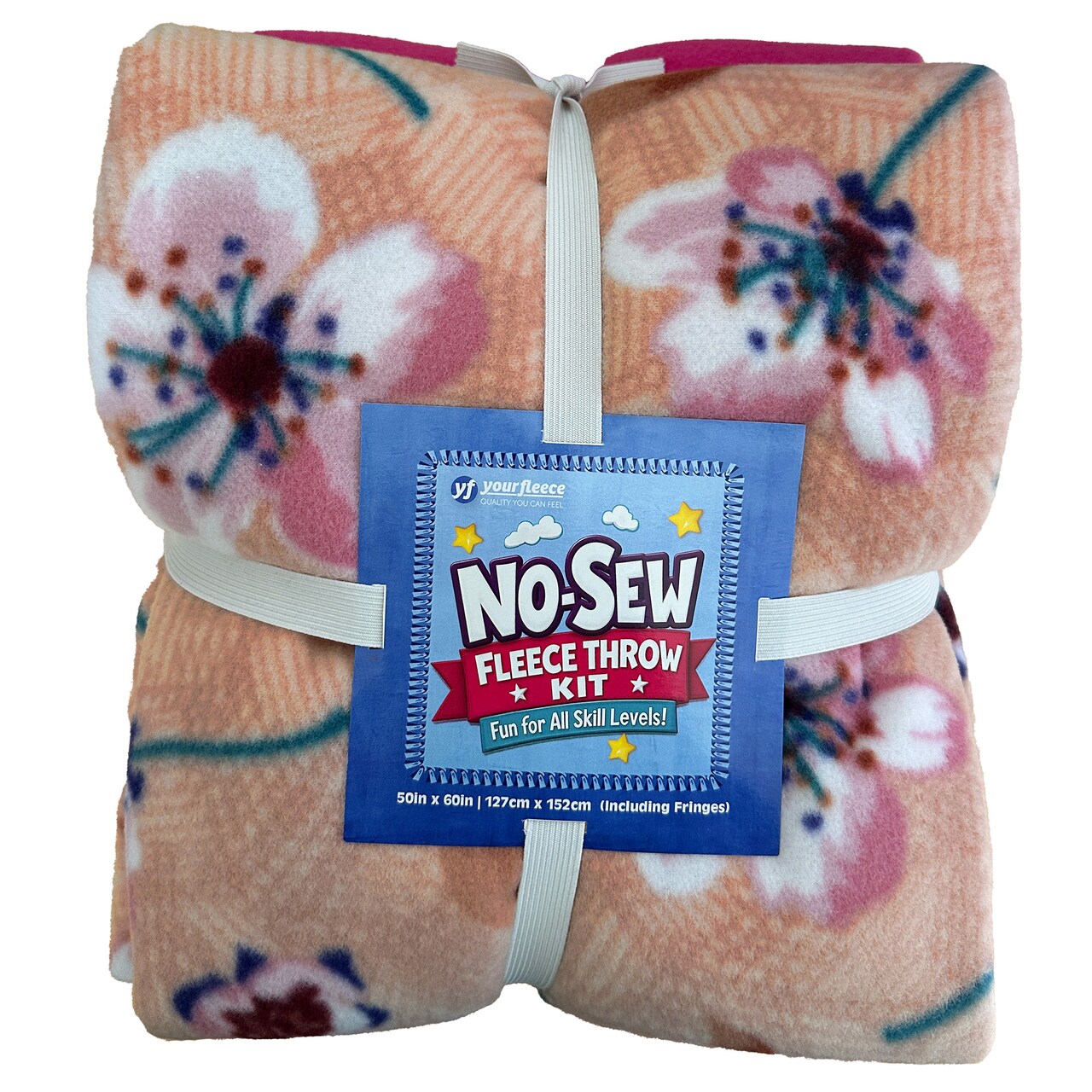 Ditsy Blooms Peach Anti-Pill Premium No Sew Throw Fleece Fabric Kit (Fuchsia Backing)